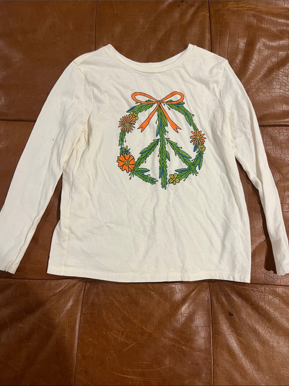 Old Navy Cream Long-Sleeve Tee with Green and Orange Floral Peace Graphic